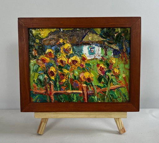 Original Oil Painting Country Flowers Landscape There are sunflowers in the yard