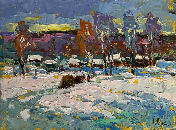 Image 1 of Original Oil Painting Winter Village Landscape Returning home with hay