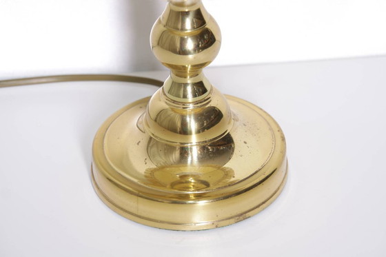 Image 1 of Tafellamp messing kunstleer stof randen franjes 43cm 80s vintage