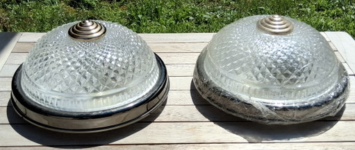 2 ceiling lights in Hollywood Regency style, crystal glass shade and brass base