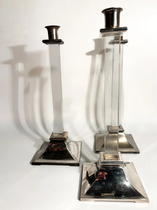 Set of 3 1970s Plexiglass and Silver-Plated Metal Candle Holders – decoratieve objecten (photo 2 of 12)