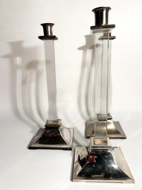 Set of 3 1970s Plexiglass and Silver-Plated Metal Candle Holders – Decorative Objects (photo 2 of 12)