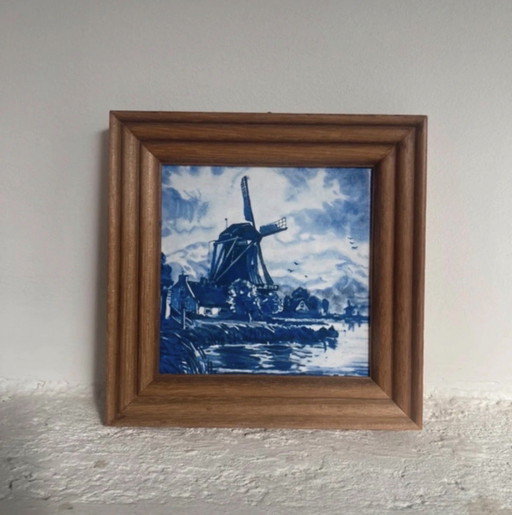 Vintage Delft Blue atmospheric tile with windmill print, framed, size 14x14 cm, blue and white