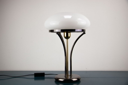 Mushroom Tischlampe, Opalglas mit Gunmetal und Messing, 80er Jahre