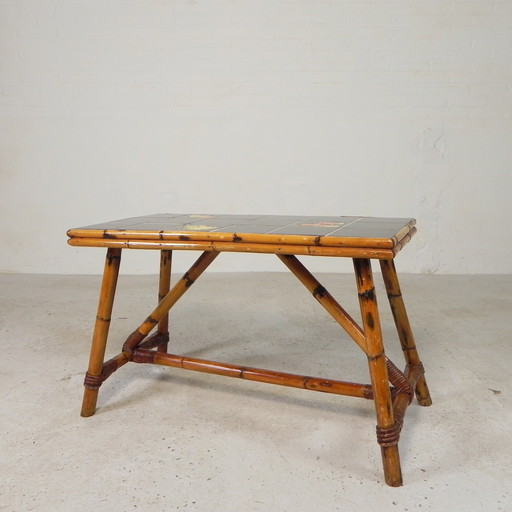Rattan and bamboo coffee table with tiles, tile table, 1950s