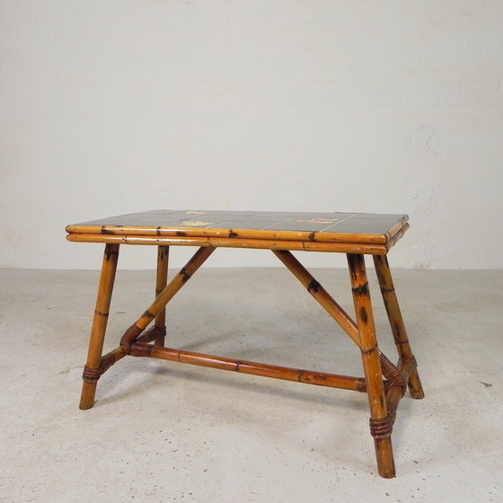 Image 1 of Rattan and bamboo coffee table with tiles, tile table, 1950s
