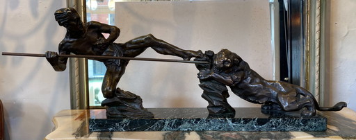 Sculpture en bronze « Homme à la panthère » – P. Berjean (style Art déco)
