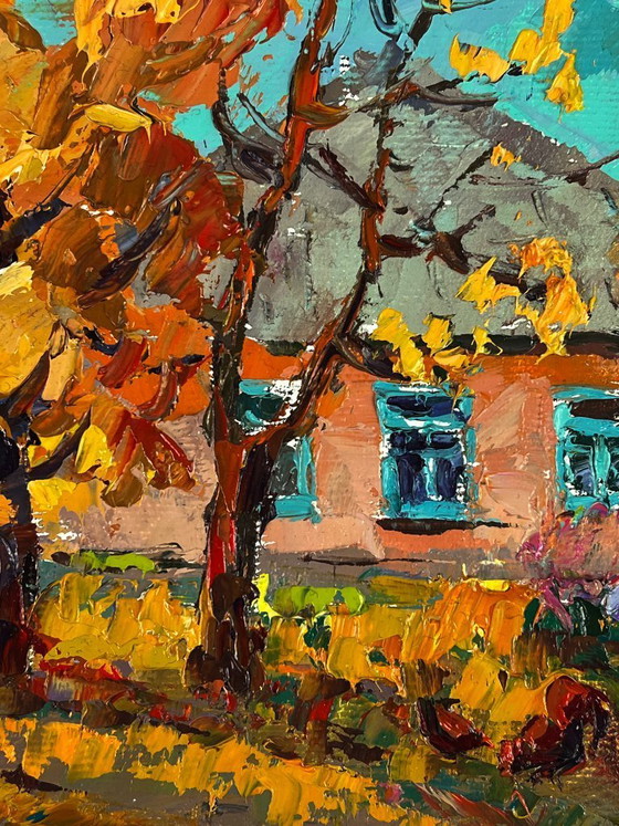 Image 1 of Peinture à l'huile originale représentant un paysage champêtre, une maison et une maison en automne dans un village
