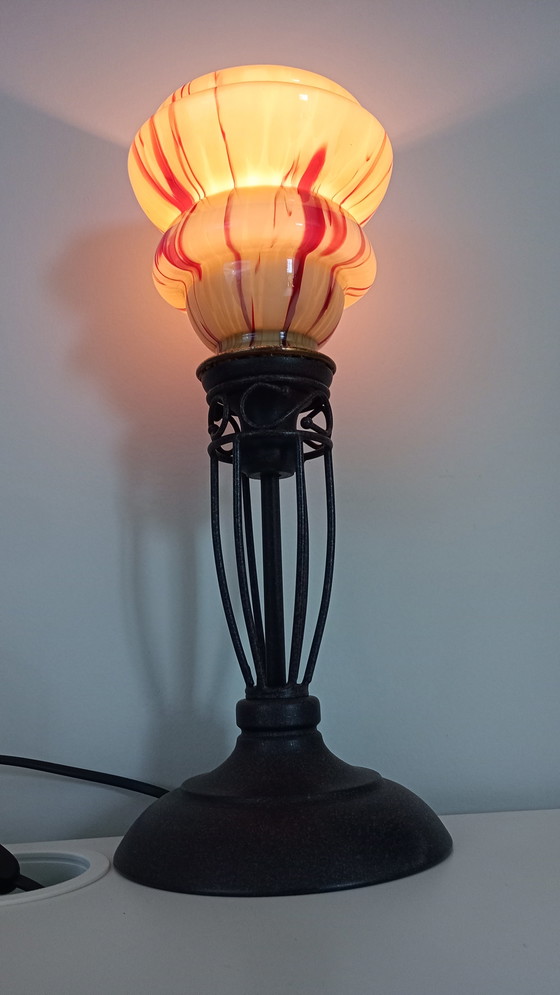 Image 1 of Lampe de table vintage italienne - style Art Déco - abat-jour en verre soufflé à la bouche