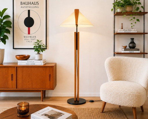 Lampadaire Domus 6502 – Réglable – Bois de hêtre et abat-jour Lunopal d'origine – Fabriqué en Allemagne