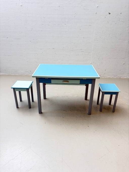 Vintage Kitchen Table Set with two Stools, 1960s – eettafels, Wood