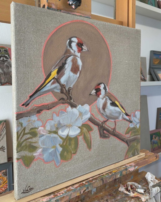 Image 1 of Goldfinches with apple blossom, oil on canvas 50x50, Sandra Kolondam