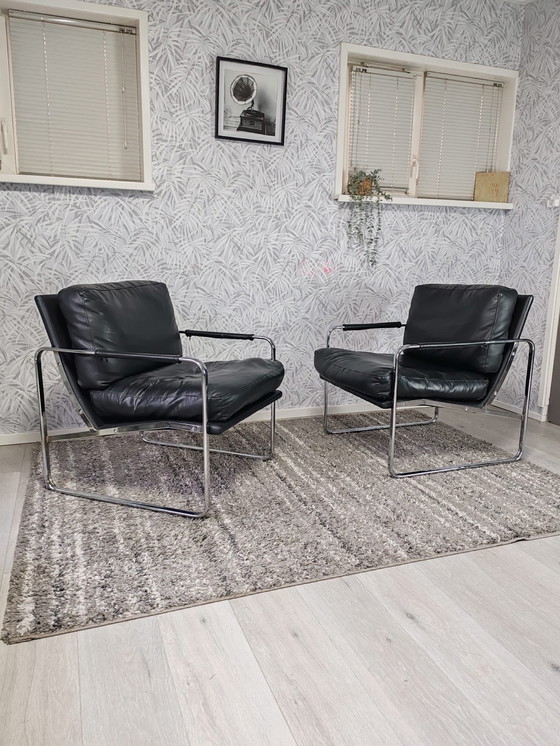 Image 1 of Set of 2 designer armchairs – black leather with chrome frame