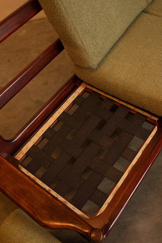 Image 1 of Vintage Deense teakhouten 3-zitsbank met nieuwe mosgroene bouclé bekleding