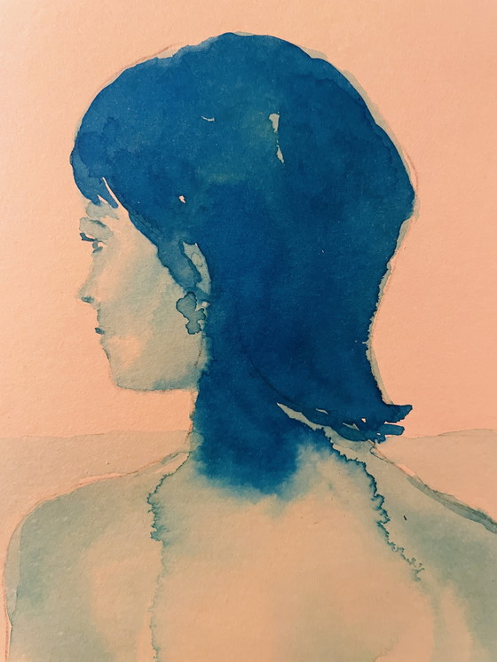 Image 1 of Gesigneerd aquarel monochroom blauw portret vrouw "weekend in Capri ".