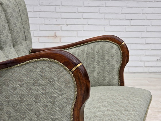 Image 1 of Deense fauteuil uit de jaren 60, lichtblauwe meubelstof, beukenhout.