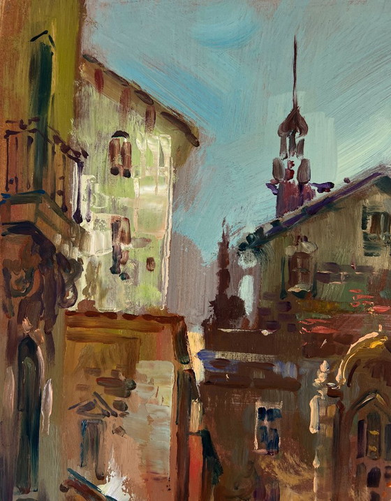Image 1 of Original Oil Painting Coastal Houses Landscape The narrow streets of the city