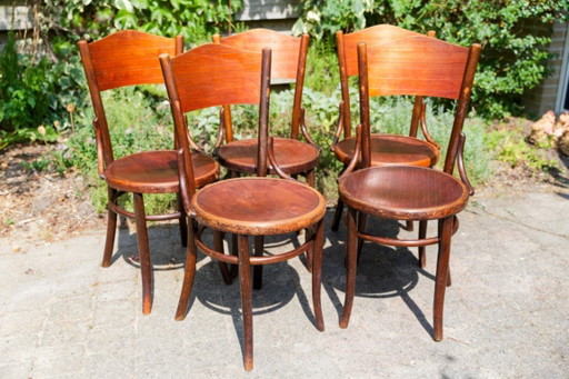 5 Vintage Fischel Thonet Café-Stühle mit gepressten Sitzflächen – eetkamerstoelen, Wood