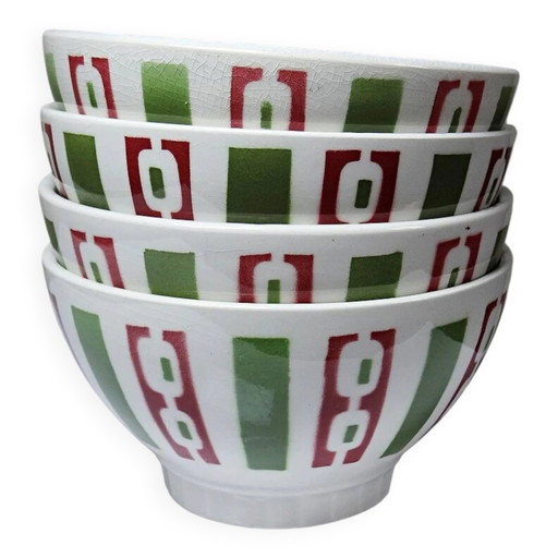 4 tazas de café de loza Badonviller, decoración Art Déco de los años 40-50 vintage.