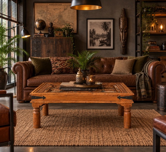 Beautiful Authentic Indian Coffee Table/Gate Table, Boho & Ibiza Style, Wood, Brass, Brown (photo 7 of 13)