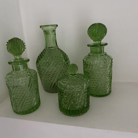 Image 1 of Elegante set da toeletta in vetro uranio Art Déco – 5 pezzi – ca. anni '20-'30