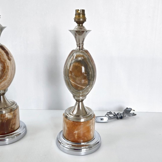 Image 1 of PAIR OF VINTAGE 1970S EGG LAMPS IN MARBLE & CHROME STEEL DLG MAISON BARBIER