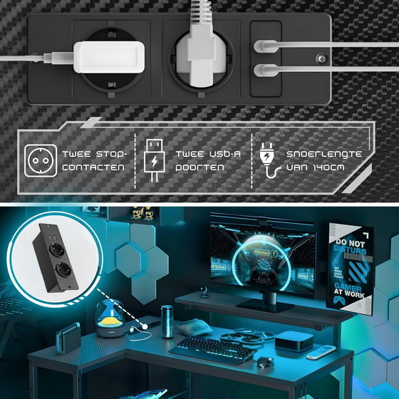 Image 1 of Five Stars® L-Shaped Game Desk - 107x80x76 cm - Game Desk with LED Lighting - Black Carbon - Corner Desk