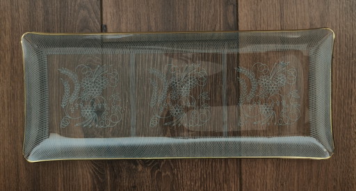 Plat de service vintage en verre à bordure dorée et motif floral – glaskunst, Glass