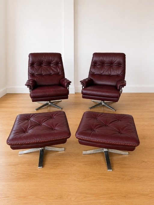 Vintage Retro Arne Norell Lounge Chairs & Stools in Burgandy Leather – fauteuils
