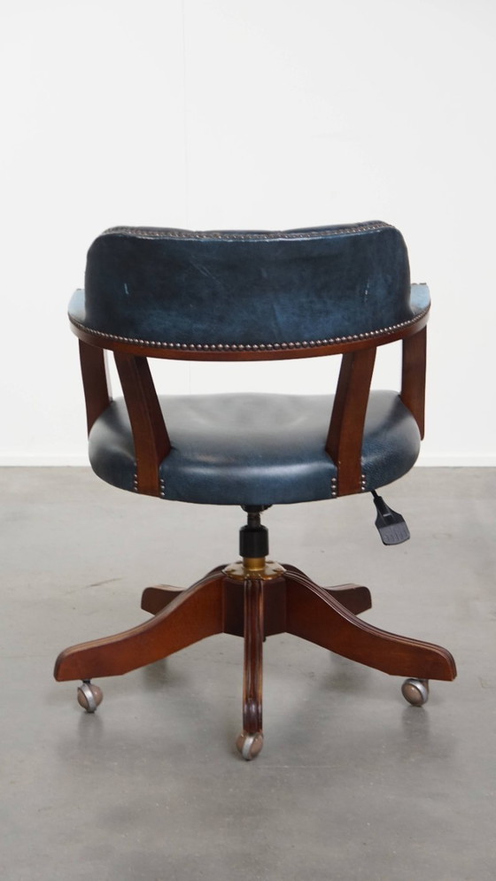 Image 1 of Blue cowhide leather and wood chesterfield office chair in English style