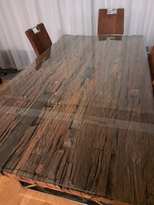 Luxury Richmond Dining Table – Reclaimed Oak Designer Chrome Table + 4 Chairs