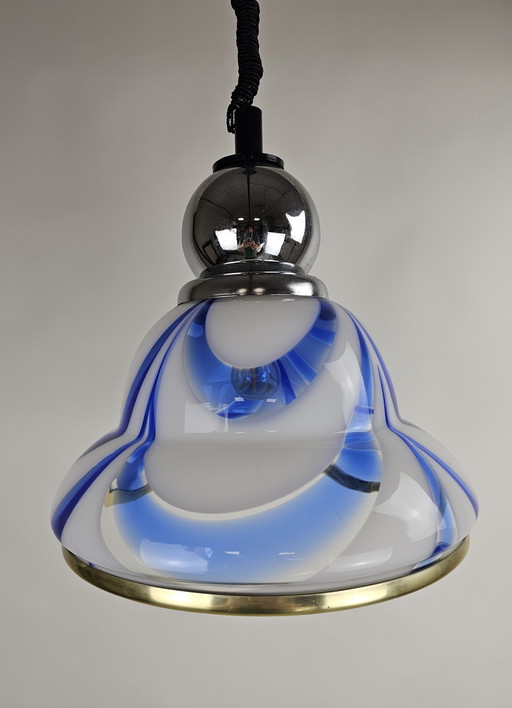 Italian Pendant lamp with glass and chrome. Blue white swirl effect