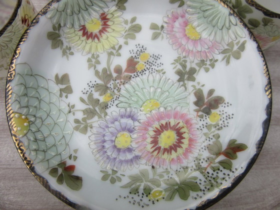Image 1 of Vintage 4 Asian miniature cups and saucers with gold tone rims new condition