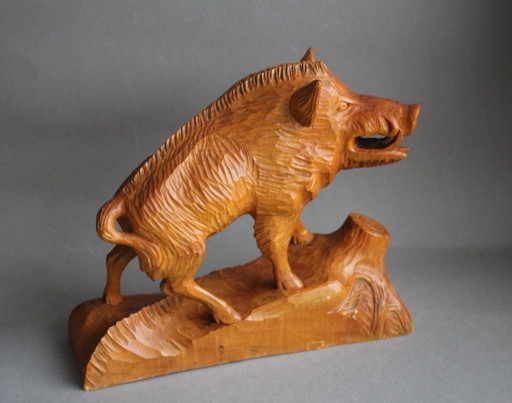 Wildschwein große Massive Holzfigur Keiler handgeschnitzt vintage Tierfigur