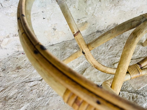 Image 1 of Tavolino vintage in rattan e bambù con piano in vetro, anni '60