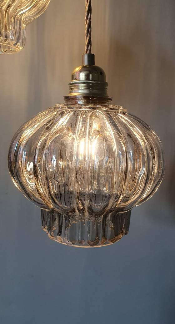 Image 1 of Set of two vintage floral pendant lamps in lantern shape. Mid Century