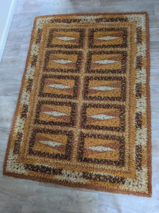 Image 1 of Grande tappeto scandinavo vintage in stile Rya – Motivi geometrici vivaci in stile Space Age – 160x220