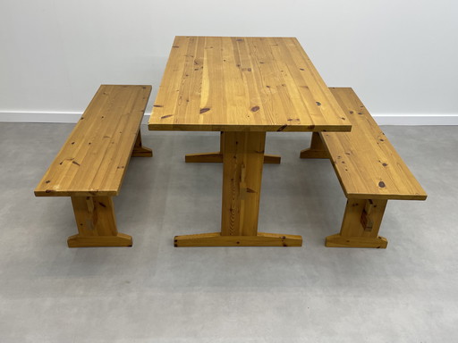 Vintage pine dining table with benches