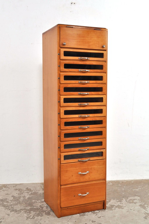 Vintage beech haberdashery cabinet Amann 1930s