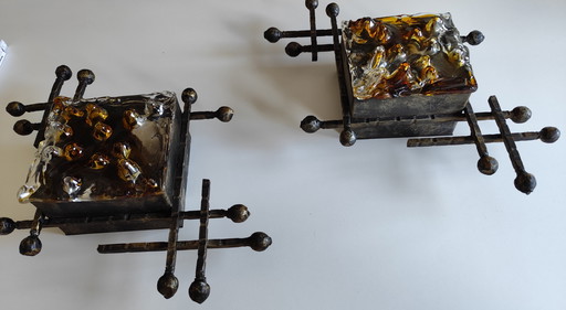 Pair of Brutalist wall lamps – Tom Ahlström & Hans Ehrlich – Murano glass & wrought iron – 1960s