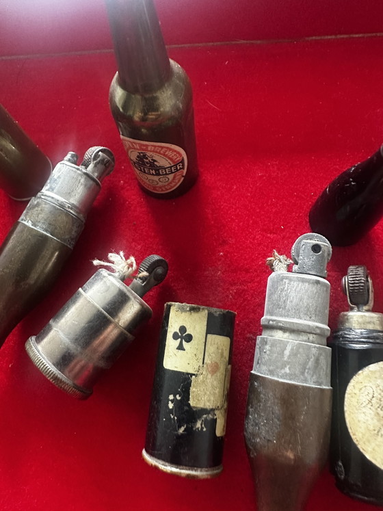 Image 1 of Lot of 7 Vintage Lighters in Pepsi-Cola / Holsteen Beer / Avrilla Milk Bottles etc.
