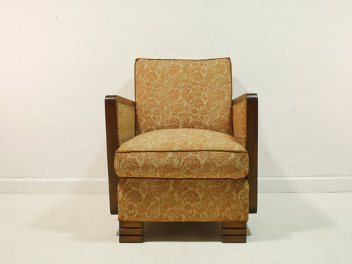 Vintage fauteuil uit de jaren 50, originele mid-century modern stijl, houten armleuningen, vering, bloemenstof, Duitsland