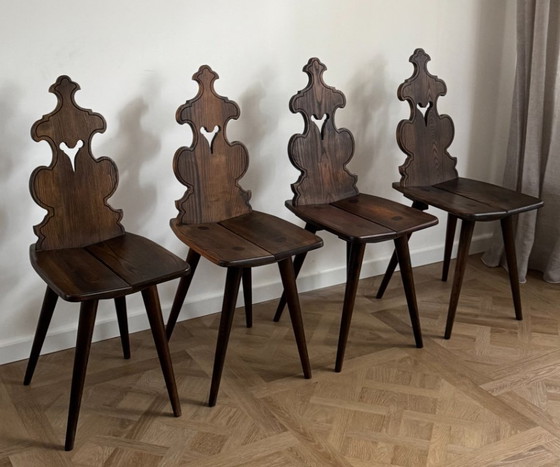 Image 1 of Set Of 4 Vintage Brutalist Tyrolean Chairs (1950s–60s, Solid Oak)