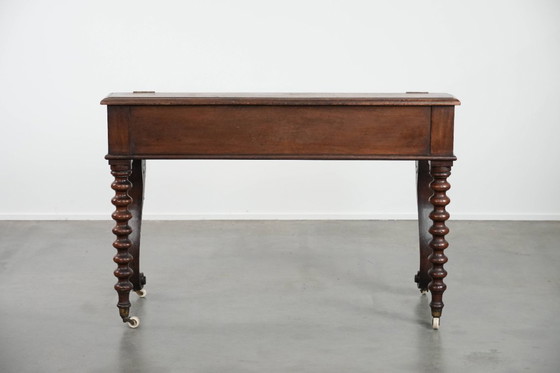 Image 1 of 19th century English antique oak wall desk/writing table on castors