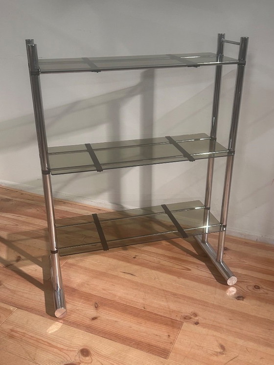 Image 1 of Portaoggetti anni Settanta in cromo con vetro fumé