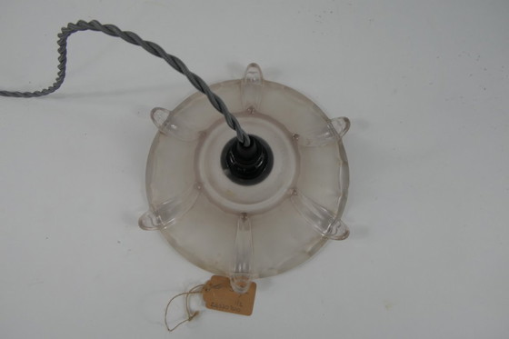 Image 1 of Vintage art deco pendant lamp with a frosted ribbed block-shaped glass shade in Ezan style.