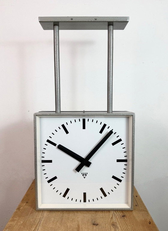 Image 1 of Large Square Industrial Double-Sided Factory Clock from Pragotron, 1960s