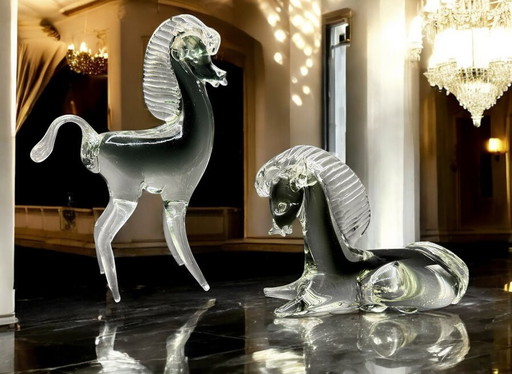 Murano - Élégante paire de chevaux en verre de Murano des années 1950