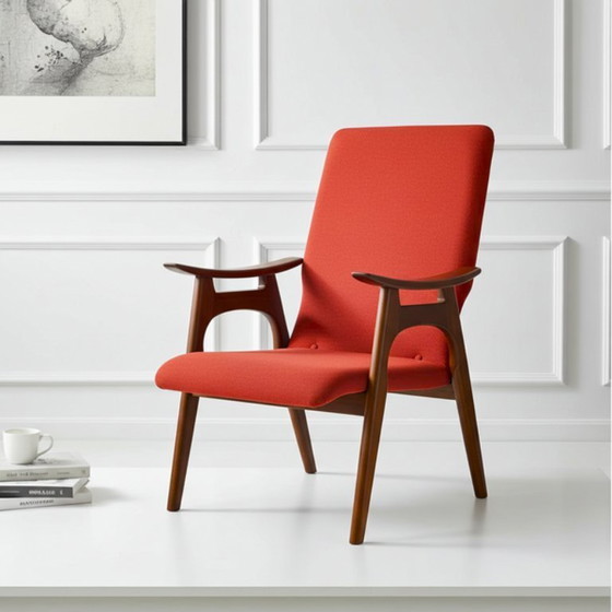 Image 1 of Sillón Fauteuil moderno de mediados de siglo de Louis van Teeffelen - Tapicería en rojo anaranjado