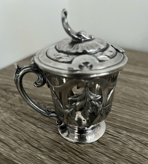 Silver-plated ornate mustard/jam pot with Gallia rooster hallmarks
